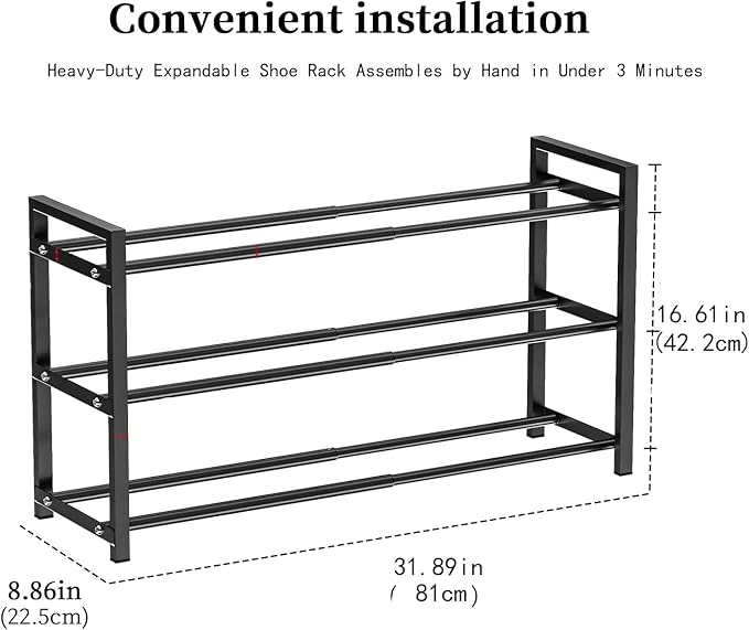 EKETE Expandable Shoe Rack,Adjustable and Stackable 3-Tier Shoe Rack Organizer, Shoe Rack for Closet,Small Shoe Rack,Metal Free Standing Shoe Rack for Entryway,Hallway,Closet Shoe Storage