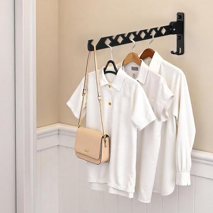 2 Pack Wall Mount Coat Hanger Holder Black Clothes Drying Organizer Rack Garment Hooks Aluminium Retractable Folding Indoor Wall Mounted Hanger Space Saver for Laundry Room Bedroom Black
