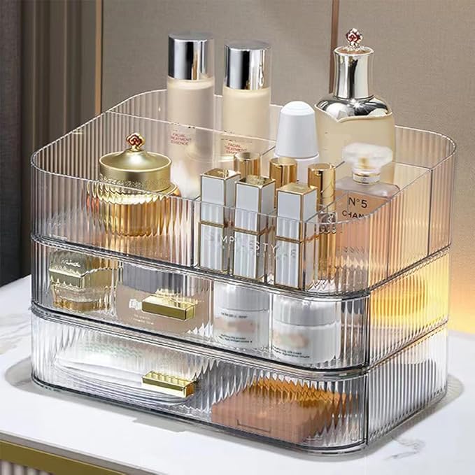 Stackable Makeup Organizer Drawers, Bathroom Vanity Organizers and Storage, Ideal for Desk and Dresser Countertops, Great for Cosmetics, skincare, Lipsticks, Nail Care -Clear