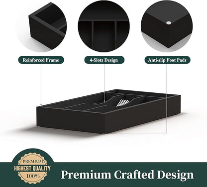 Small Silverware Organizer, Bamboo Kitchen Drawer Organizer, Utensil Holder, Cutlery Tray & Spoon Flatware Storage with Grooved Drawer Dividers (Black, 6.7''W x 12''D)