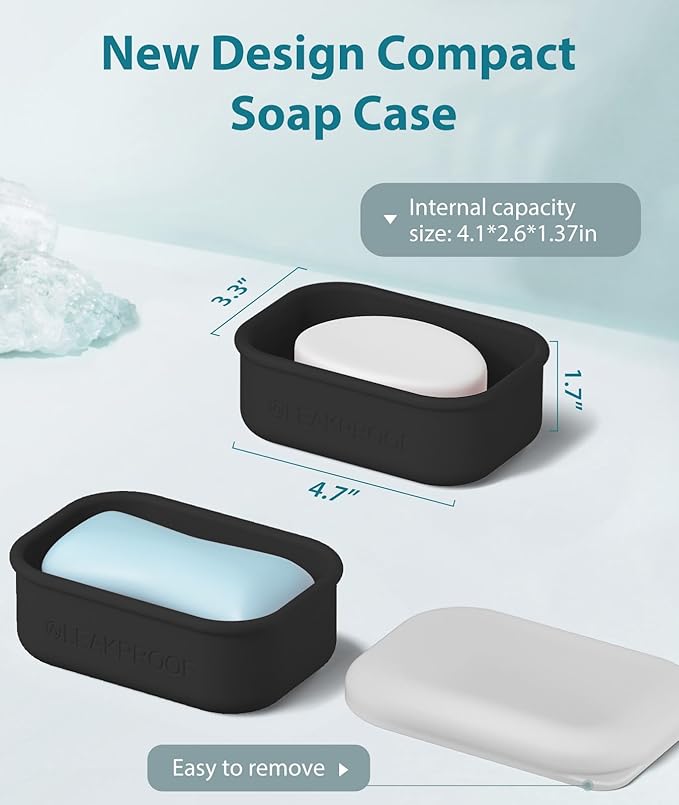 Quatish Compact Leakproof Travel Soap Case, Silicone Soap Box with Draining Layer, Enhanced Soap Container, Suitable for Camping, Gym, Bathroom, Outdoor Essentials, Black