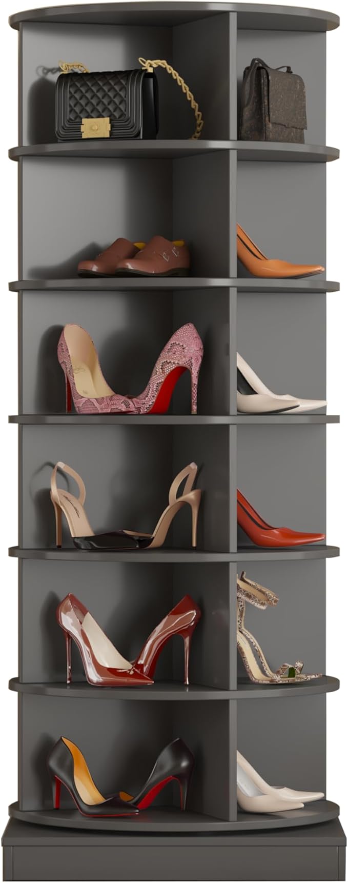 HomVent Rotating Shoe Rack, Wooden 6-Tier Spinning Shoe Rack Tower, Free Standing 360° Revolving Shoe Organizer Shoe Storage Shelf Can Hold Over 24 Pairs Shoes for Entryway Living Room (6-Tier, Gray)