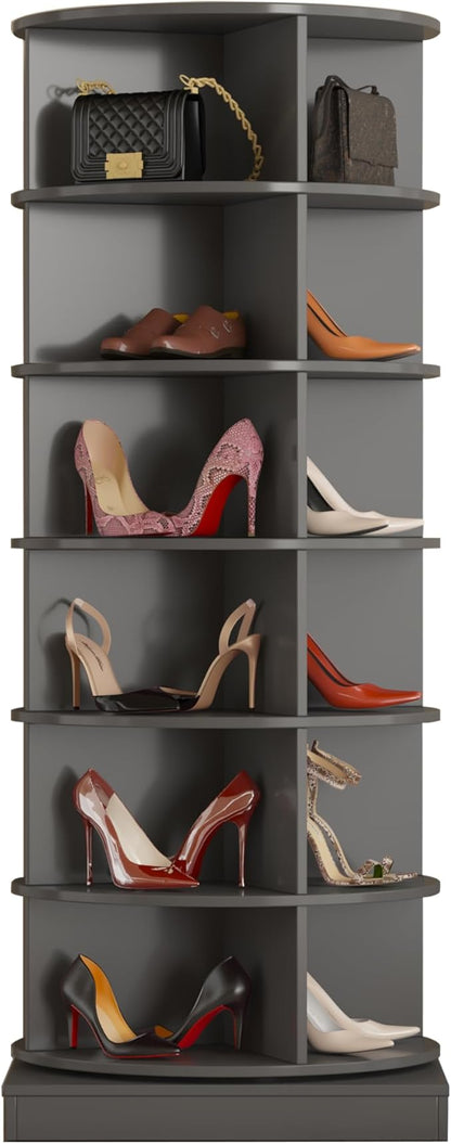 HomVent Rotating Shoe Rack, Wooden 6-Tier Spinning Shoe Rack Tower, Free Standing 360° Revolving Shoe Organizer Shoe Storage Shelf Can Hold Over 24 Pairs Shoes for Entryway Living Room (6-Tier, Gray)