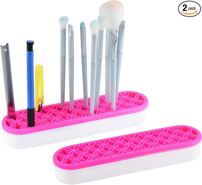 2 PCS Multi-Purpose Cosmetic Storage Box, Desktop Organizers Silicone Make Up Brush Storage Stand Desktop Storage Box for Brush,Pencil,Art Supplies (Rose Pink)