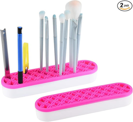 2 PCS Multi-Purpose Cosmetic Storage Box, Desktop Organizers Silicone Make Up Brush Storage Stand Desktop Storage Box for Brush,Pencil,Art Supplies (Rose Pink)