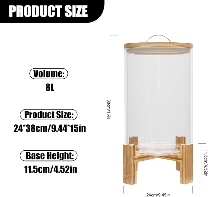 Rice Dispenser Glass, Rice Storage Container, Flour and Cereal Container with Airtight Lid and Stand, Glass Food Storge Container for Kitchen Organization and Pantry Store (8L)