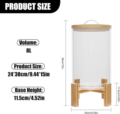 Rice Dispenser Glass, Rice Storage Container, Flour and Cereal Container with Airtight Lid and Stand, Glass Food Storge Container for Kitchen Organization and Pantry Store (8L)