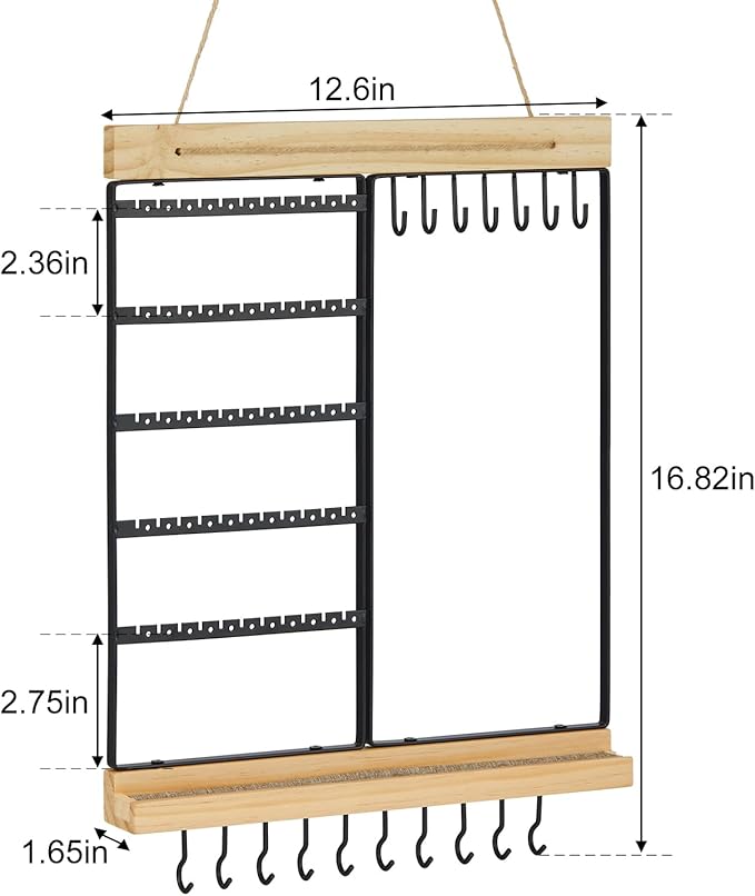 Feyejade Hanging Jewelry Organizer, 5-Tier Wall Earring Holder with Wooden Ring Groove, Jewelry Rack Wall Mounted for Earrings, Necklaces, Bracelets and Rings, Jewelry Holder Stand, Black