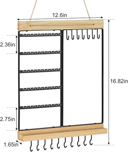 Feyejade Hanging Jewelry Organizer, 5-Tier Wall Earring Holder with Wooden Ring Groove, Jewelry Rack Wall Mounted for Earrings, Necklaces, Bracelets and Rings, Jewelry Holder Stand, Black