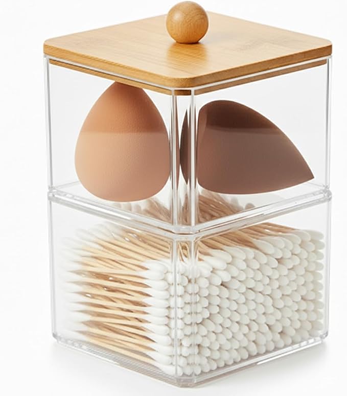 Cotton Swab Holder with Bamboo Lid, Double Layer Cotton Bud Dispenser, Premium Plastic Organizer for Guest Bathroom Vanity, Floss Pick & Hair Tie Storage Container