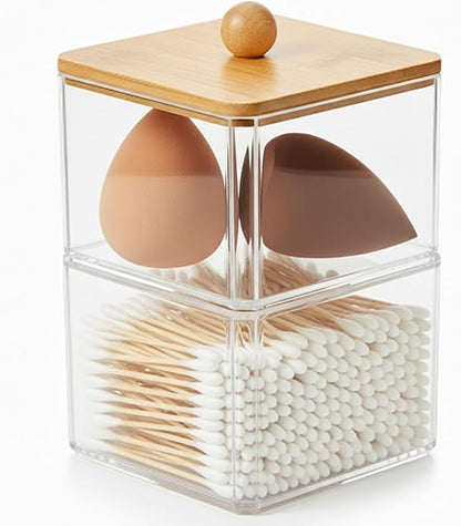Cotton Swab Holder with Bamboo Lid, Double Layer Cotton Bud Dispenser, Premium Plastic Organizer for Guest Bathroom Vanity, Floss Pick & Hair Tie Storage Container