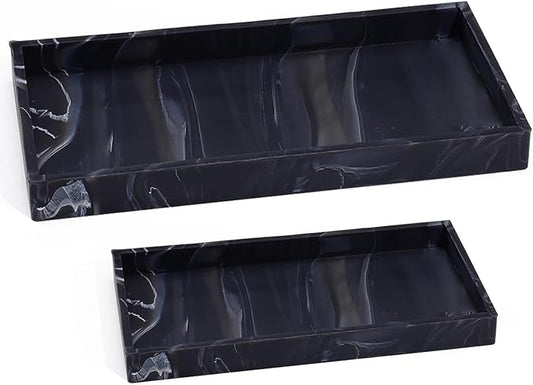 2 Silicone Bathroom Counter Tray, 7.8" x 3.9" & 11.8" x 5" Vanity Tray, Decorative Kitchen Soap Holder Plate Organizer for Makeup Perfume Candle Key Storage Toilet Tank Sink Table Desk (Marble Black)