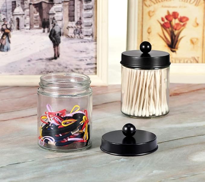 Amolliar Apothecary Jars Bathroom Storage Organizer - Cute Qtip Dispenser Holder Vanity Canister Jar Glass with Lid for Cotton Swabs,Rounds,Bath Salts,Makeup Sponges,Hair Accessories/Black（2 Pack）