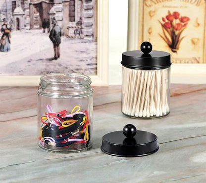 Amolliar 4 Pack Glass Apothecary Jars Bathroom Vanity Storage Organizer Set-Qtip Dispenser Holder with Stainless Steel Lids &Cute Stickers-Countertop Canister for Qtips,Cotton Swabs,Makeup Sponges