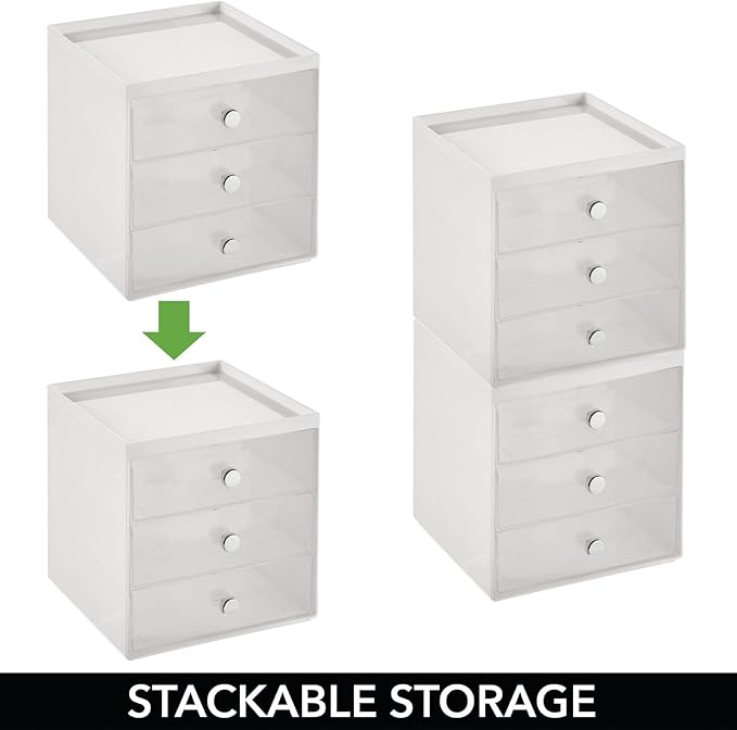 mDesign Plastic 3 Drawer Organizer for Makeup Storage - Large Stackable Makeup Organization and Storage Cube with Drawers for Bathroom, Vanity, Desk - Makeup Storage Drawers - Light Gray/Clear