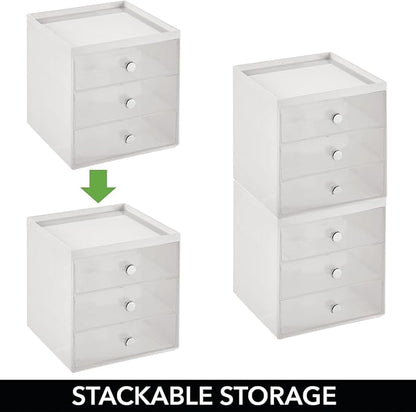 mDesign Plastic 3 Drawer Organizer for Makeup Storage - Large Stackable Makeup Organization and Storage Cube with Drawers for Bathroom, Vanity, Desk - Makeup Storage Drawers - Light Gray/Clear