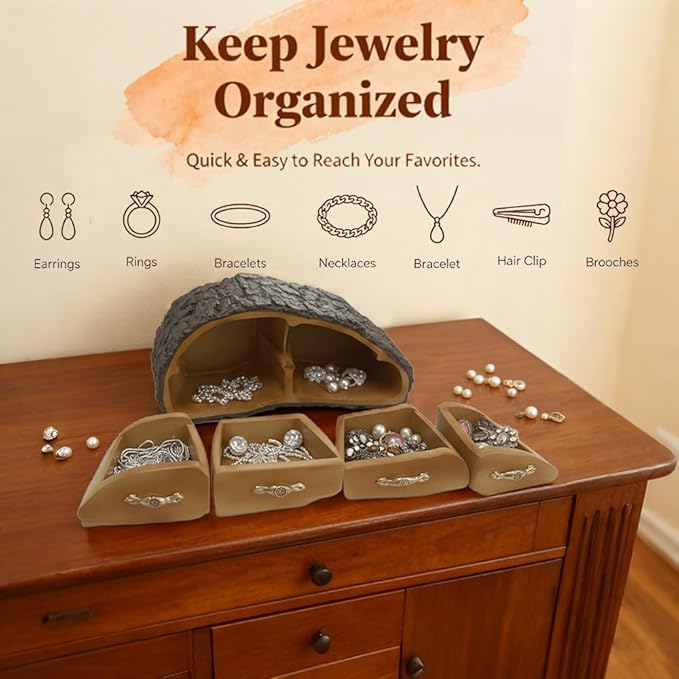 Tree Stump Jewelry Organizer Resin Jewelry Box, 4 Grids Jewelry Holder for Girls Women Wife Mom,Unique Jewelry Organizers for Rings Necklaces Earrings Bracelets
