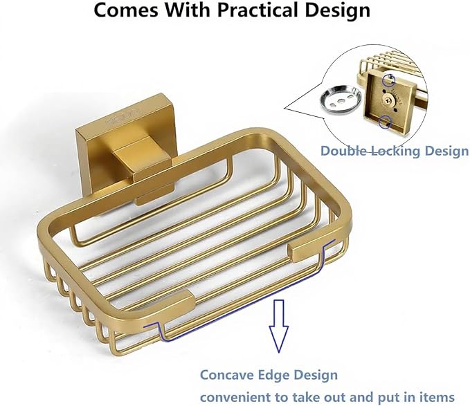 SEIDO Gold Soap Dish for Shower, 304 Stainless Steel Double-Locking Soap Holder, Wall Mount Soap Bar Holder for Shower, Hollowed-Out Drainage, 4.8" L x 3.2" W Internal, for Soap, Sponge, Keys