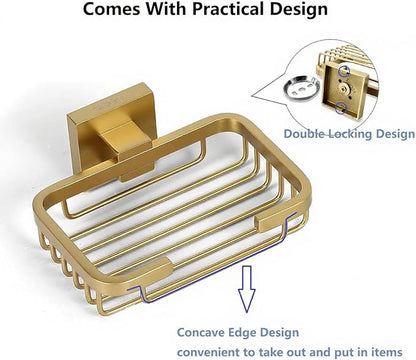 SEIDO Gold Soap Dish for Shower, 304 Stainless Steel Double-Locking Soap Holder, Wall Mount Soap Bar Holder for Shower, Hollowed-Out Drainage, 4.8" L x 3.2" W Internal, for Soap, Sponge, Keys