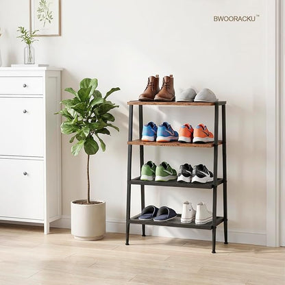 A-Shape Shoe Rack, 4-Tier Heavy-Duty Shoe Organizer with Wooden Top & Mesh Shelves, Space-Saving for Entryway, Bedroom, Hallway(25.28" H, Holds 8 Pairs, Rustic Brown)