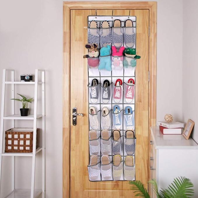 24 Pockets Non Woven Folding Hanging Door Closet Organizer, Shoes Storage Bag with 6 Layers, Translucent Hanging Shoes Organizer for Door or Closet, Includes 3 Hooks