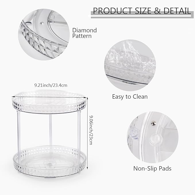 360 Clear Rotating Makeup Organize for Vanity,2 Tiers Lazy Susan with Diamond Pattern, Large-Capacity Skincare Organizers Cosmetic Display Case Organizer for Dresser (Clear White, 2Tiers)