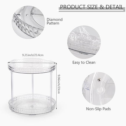 360 Clear Rotating Makeup Organize for Vanity,2 Tiers Lazy Susan with Diamond Pattern, Large-Capacity Skincare Organizers Cosmetic Display Case Organizer for Dresser (Clear White, 2Tiers)
