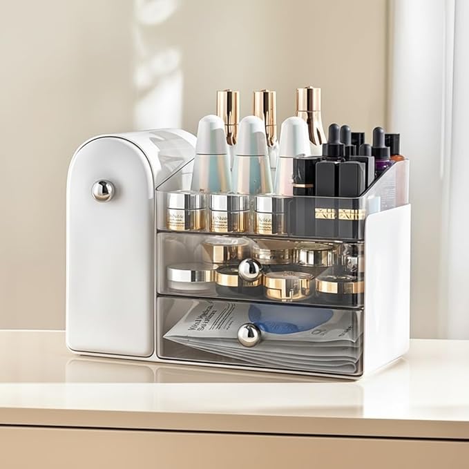 Bird&Fish Makeup Organizer with Sliding Brush Holder, Clear Skincare Organizer with Drawers, Bathroom Countertop Organizer, Sturdy Cosmetic Storage Case for Vanity, Dresser (White)