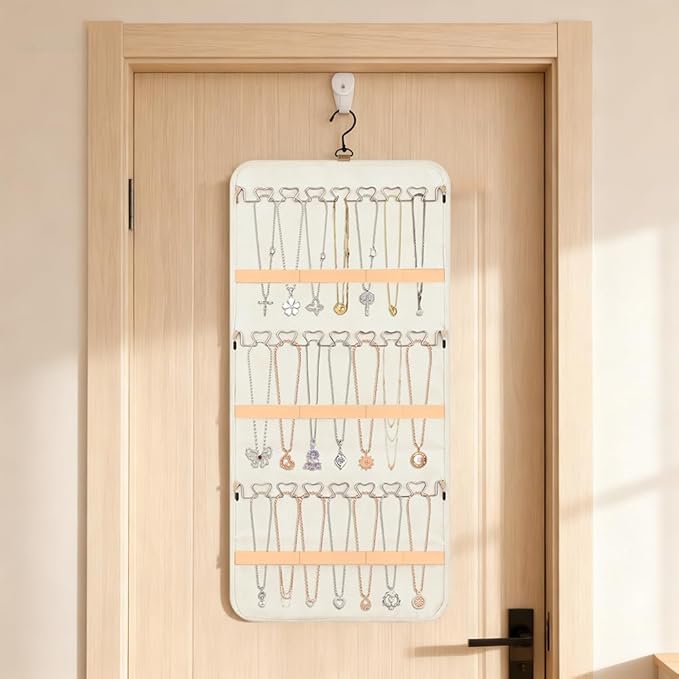 48 Pocket Oxford Fabric Double Sided Hanging Rotating Jewelry Organizer, Bracelet Necklace Jewelry Display Hanger for Closet Door, Earring Dustproof Holder Wall Mount Accessories(Off-white)
