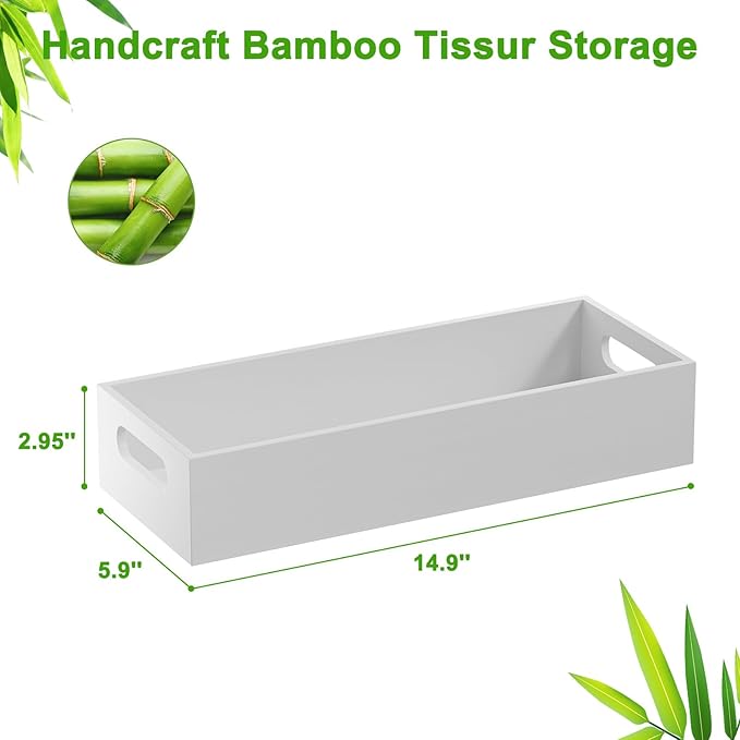 VITVITI Bamboo Toilet Paper Holder Storage, Bamboo Tray for Bathroom with Handle, Toilet Paper Tray Basket Tissue Holder Organizer Container for Back Toilet Tank, White