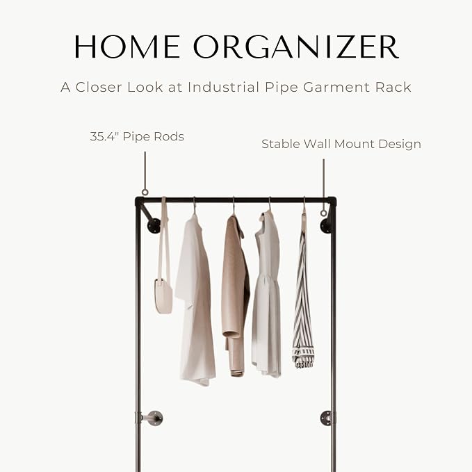 Black Industrial Pipe Clothing Rack 37.4" W Wall Mounted, Heavy Duty Iron Garment Rack 150 lbs per Rod, Open Closet Organizer for Bedroom Laundry Room Retail Display