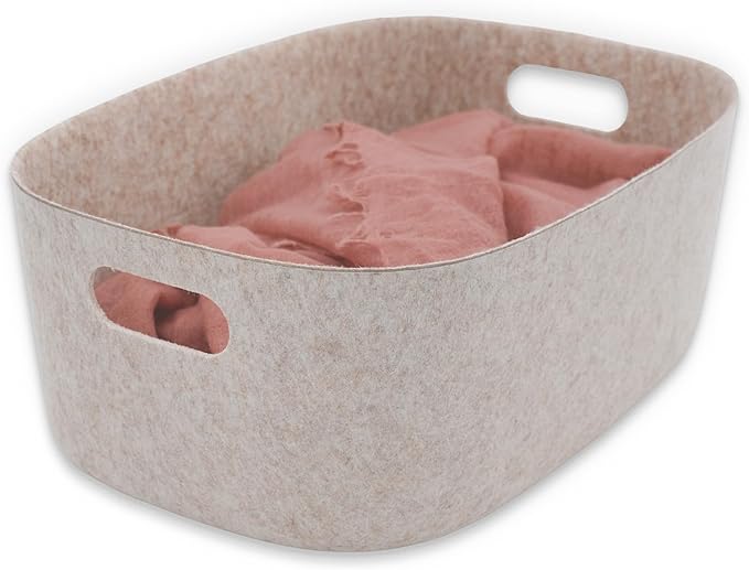 Welaxy Large Felt Storage Basket with Handles, Nodic Beige Open Bin for Shelves, Books, Toys, Laundry & Home Organization (Oatmeal)