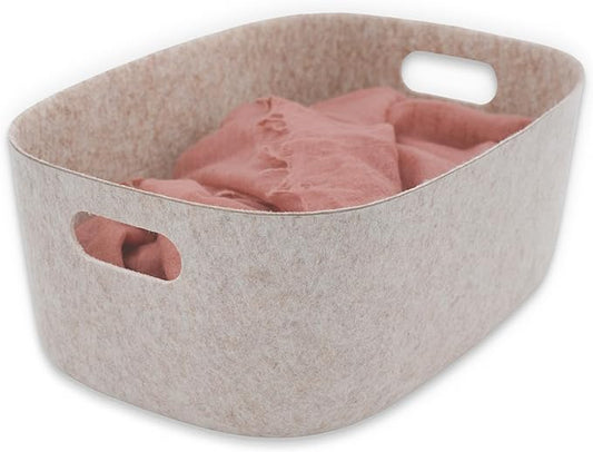 Welaxy Large Felt Storage Basket with Handles, Nodic Beige Open Bin for Shelves, Books, Toys, Laundry & Home Organization (Oatmeal)