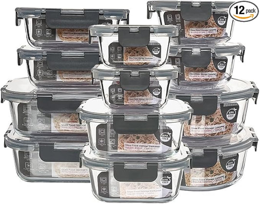 12 Pack Glass Storage Containers Transparent, Stackable Design Meal Prep Containers for Food Storage, Home, Kitchen & Pantry Organization, Microwave/Freezer/Dishwasher Safe