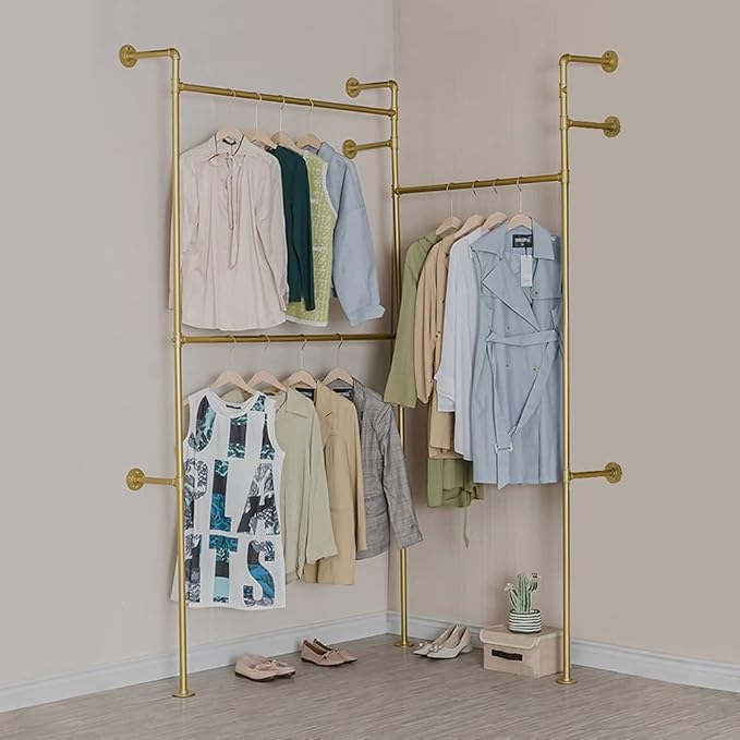 Modern Simple Industrial Pipe Double Hanging Rods Clothing Rack, Clothes Rack Wall Mounted Heavy Duty Hanging Clothes Rack, Detachable Garment Bar 93.7X84inch (Gold)