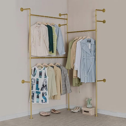 Modern Simple Industrial Pipe Double Hanging Rods Clothing Rack, Clothes Rack Wall Mounted Heavy Duty Hanging Clothes Rack, Detachable Garment Bar 93.7X84inch (Gold)