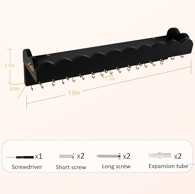 Wall Mount Jewelry Organizer with 28 Hooks and Cosmetics Shelf, Modern Wood Hanging Jewelry Holder for Necklaces, Bracelets, Earrings and Rings, Black