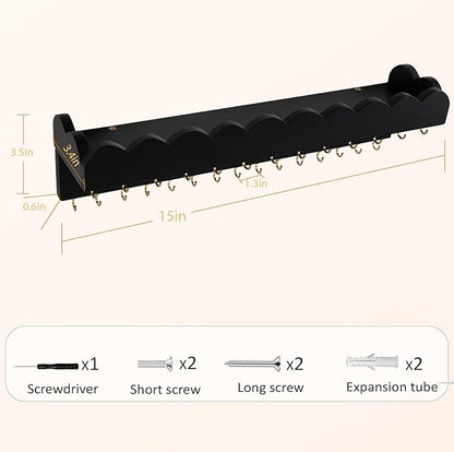 Wall Mount Jewelry Organizer with 28 Hooks and Cosmetics Shelf, Modern Wood Hanging Jewelry Holder for Necklaces, Bracelets, Earrings and Rings, Black