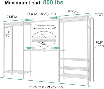 SEMHOR E06 Expandable Heavy Duty Clothes Rack for Reach-in Closet, Freestanding Clothing Racks with Shelves, Carbon Steel Closet Organizer System Adjustable from 70.8-93.9", Max Load 800LBS, White