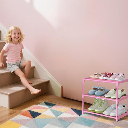 HITHIM 3-Tier Pink Shoe Racks for Women/Girls/Kids' Closet, Small Shoe Storage for 5-7 Pairs, Lightweight Stackable Shoe Shelf Organizer for Entryway, Front Door Entrance, Bedroom