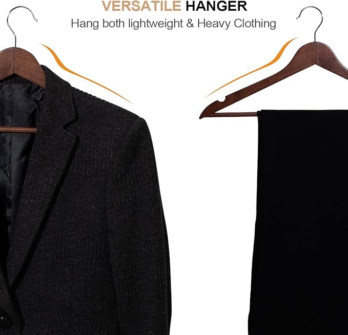 Solid Wooden Hangers 20 Pack, Wood Suit Hangers with Extra Smooth Finish, Precisely Cut Notches and Chrome Swivel Hook, Wooden Clothes Hangers for Shirt Coat Jacket Dress