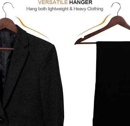 Solid Wooden Hangers 20 Pack, Wood Suit Hangers with Extra Smooth Finish, Precisely Cut Notches and Chrome Swivel Hook, Wooden Clothes Hangers for Shirt Coat Jacket Dress