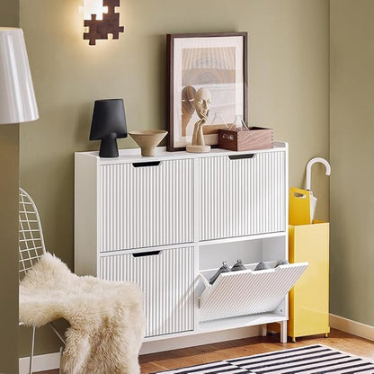SoBuy Shoe Storage Cabinet for Entryway, Freestanding Shoe Organizer Cabinet, Narrow Slim Hidden Shoe Rack, FSR170 (White, 4-Drawers)