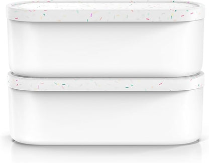 BALCI Ice Cream Containers - 2 Quart Ea. (Set of 2) - Premium Reusable Freezer Storage for Homemade Ice Cream Tub for Sorbet, Frozen Yogurt - Flexible Silicone Lids, Long Scoop - White With Sprinkles