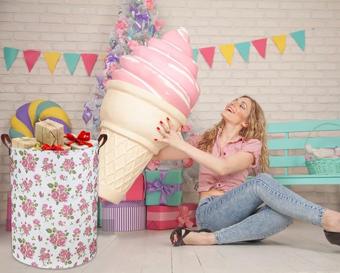 Roses Pink Laundry Basket Baby Girls Laundry Hamper Kids Toy Storage Bins Organizer Gift Basket Pink Rose Bedroom Decor Bathroom(Pink Rose)