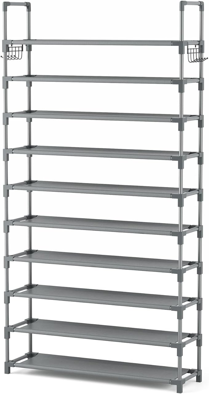 VTRIN 10 Tiers Shoe Rack Tall Large Capacity Wide Shoe Organizer Sturdy Shoe Shelf for Entryway with Two Hooks Metal Shoe Storage for Closet, Bedroom, Grey