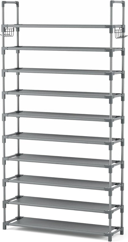 VTRIN 10 Tiers Shoe Rack Tall Large Capacity Wide Shoe Organizer Sturdy Shoe Shelf for Entryway with Two Hooks Metal Shoe Storage for Closet, Bedroom, Grey