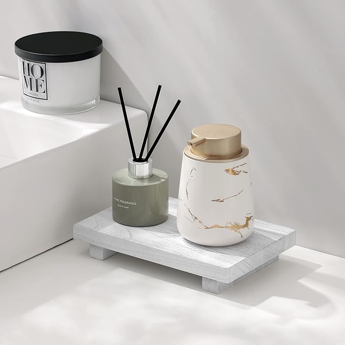 zoocatia Small Wood Tray Pedestal Stand Farmhouse Bathroom Decor Decorative Wooden Riser Kitchen Soap Dish Holder for Vanity, Counter, Sink, 9" x 5.9" - White