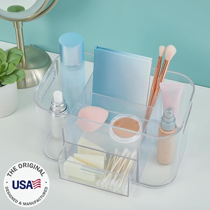 STORi Bliss Clear Makeup Organizer for Countertop, Divided Bathroom Organizer & Storage Drawer, Makeup Brush Holder, Cosmetic & Nail Polish Organizer, Made in USA