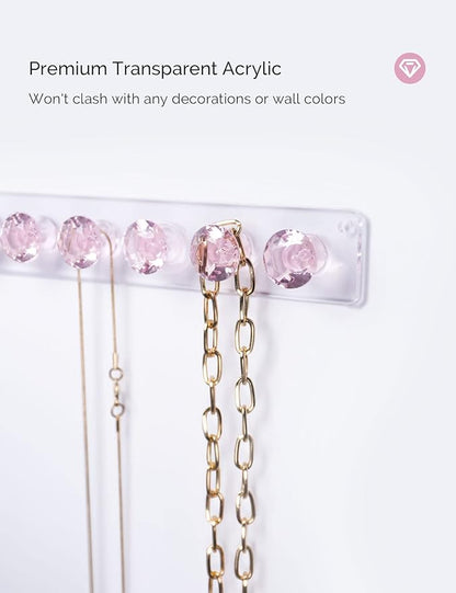 Acrylic Necklaces Holder Wall Mounted Necklace Hangers Hanging Jewelry Organizer with 12 Hooks, Clear Jewelry Hangers for Necklace Organizer for Girls Women, Necklace Hooks for Wall (Pink, 2 Pack)